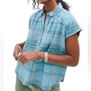 Pilcro Blue Plaid The Serena Surf Henley Blouse Size XL